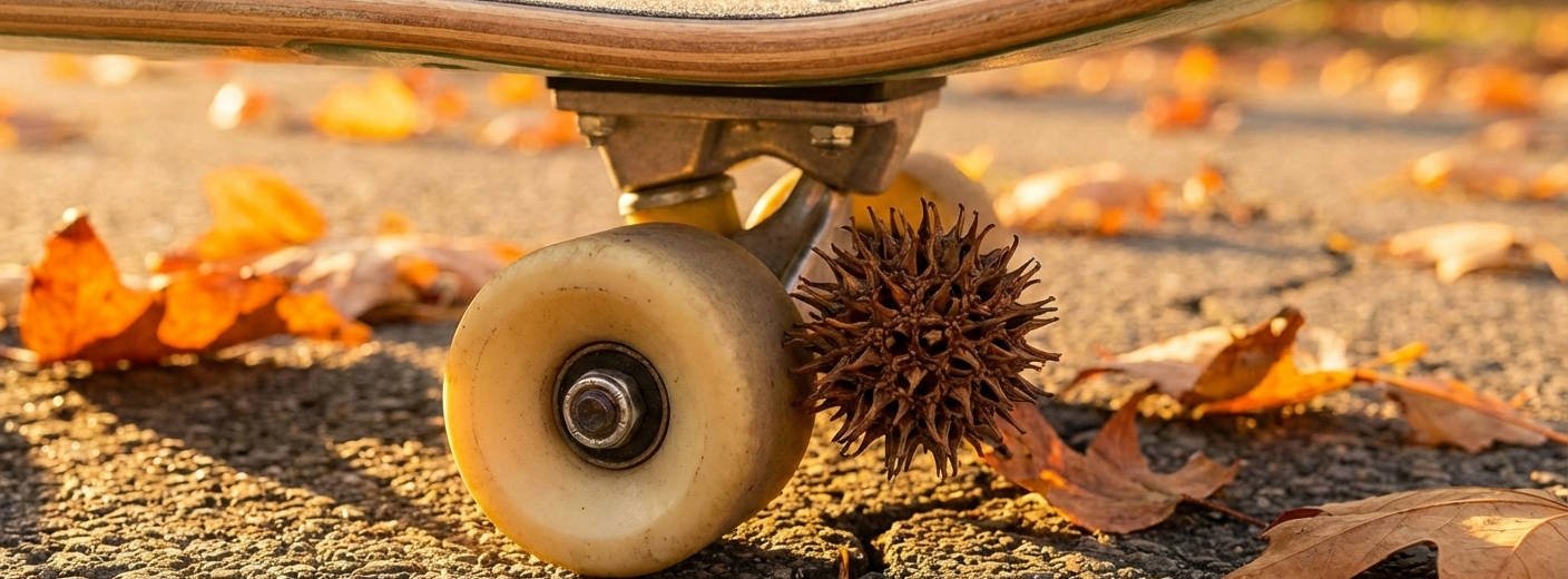 A fall street scene with a skateboard and a spiky seed pod on the ground